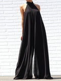 momentlover Sleeveless Wide Leg Solid Color High-Neck Jumpsuits