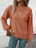 Momentlover Split-Joint Solid Color Pockets Loose Long Sleeves Round-Neck Sweater Tops Pullovers