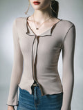 Momentlover Split-Front Skinny Long Sleeves V-Neck T-Shirts Tops