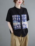 Momentlover Artistic Retro Loose Applique Printed Blouse