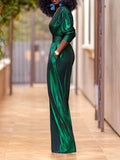 Momentlover High Waisted Three-Quarter Sleeves Shiny Solid Color Deep V-Neck Jumpsuits Bottoms
