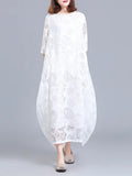 Momentlover Solid Color See-Through Flower Print Loose Half Sleeves Round-Neck Midi Dresses