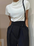 Momentlover Loose Short Sleeves Solid Color Halter-Neck T-Shirts Tops