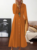Momentlover Long Sleeves Loose Pleated Lapel Midi Dresses Shirt Dress
