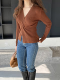 Momentlover Solid Color Knot Loose Long Sleeves V-Neck Sweater Tops Pullovers