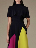Momentlover Contrast Color Short Sleeves Loose Stand Collar Maxi Dresses