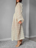 Momentlover Tied Waist Split-Side Solid Color See-Through Mesh Jacquard Loose Long Sleeves V-Neck Maxi Dresses