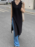 Momentlover Split-side Solid Color Sleeveless Loose V-neck Vest Top