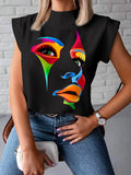 momentlover Original Casual High-Neck Cap Sleeves Face Printed T-Shirt Top
