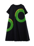 Momentlover Printed Pockets Contrast Color Short Sleeves Loose Round-Neck Midi Dresses