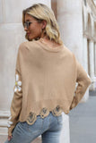 Momentlover Flower Distressed Ribbed Trim Sweater