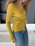 Momentlover Solid Color Knot Loose Long Sleeves V-Neck Sweater Tops Pullovers
