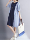 Momentlover Striped Split-Joint Short Sleeves Loose Round-neck Midi Dresses