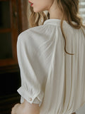 Momentlover Pleated Buttoned Short Sleeves Puff Sleeves Round-neck Blouses&shirts Tops