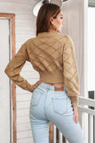 Momentlover Openwork Plaid Round Neck Cropped Sweater