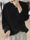 Momentlover Solid Color Pleated Puff Sleeves Loose Round-Neck T-Shirts Tops