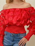 Momentlover Solid Color Polka-Dot Puff Sleeves Loose Off-The-Shoulder Blouses&Shirts Tops