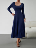 Momentlover Tied Waist Solid Color Skinny Long Sleeves U-Neck Midi Dresses