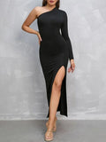 Momentlover Split-Side Solid Color Asymmetric Long Sleeves High Waisted One-Shoulder Maxi Dresses