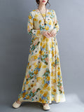 Momentlover Split-Joint Flower Print Loose Long Sleeves Round-Neck Midi Dresses