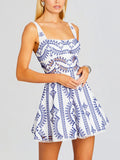 Momentlover Printed Hollow Elasticity Buttoned Sleeveless Loose Spaghetti-Neck Mini Dresses