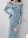 - Ribbed Floral Decor Dress, Elegant Long Sleeve Bodycon Midi Dress, Women's Clothing