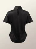 Momentlover Short Sleeves Skinny Flower Print High Neck T-Shirts Tops