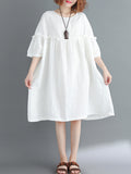 Momentlover Artistic Retro Loose Falbala Solid Color Pleated Midi Dress