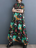 Momentlover Split-Joint Printed Buttoned Short Sleeves Loose Stand Collar Midi Dresses