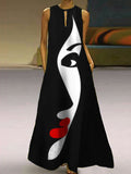 momentlover Original Loose V-Neck Face Printed Black Maxi Dress