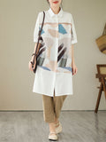 Momentlover Split-Side Split-Joint Printed Short Sleeves Loose Lapel Midi Dresses