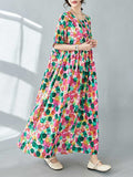 Momentlover Split-Joint Printed Polka-Dot Pleated Loose Half Sleeves Round-Neck Midi Dresses