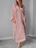 Momentlover Tied Waist Split-Side Solid Color See-Through Mesh Jacquard Loose Long Sleeves V-Neck Maxi Dresses