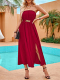 Momentlover Split-Front Pleated Elasticity Chains Sleeveless A-Line Tube Midi Dresses