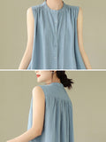 Momentlover Solid Color Pleated Buttoned Sleeveless A-Line Round-Neck Midi Dresses