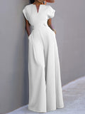 momentlover Urban Cap Sleeve Solid Color Wide Leg Jumpsuits
