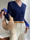 Momentlover Split-Joint Contrast Color Buttoned Long Sleeves Flared Sleeves V-Neck Cardigan Tops