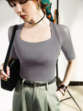 Momentlover Simple Solid Color Square-Neck Half Sleeves Shirt