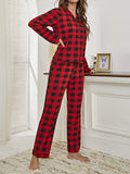 Plaid Split-Joint Lapel Long Sleeves Top + Drawstring Pants Trousers Two Pieces Set