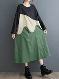 Momentlover Split-Joint Contrast Color Asymmetric Raglan Sleeve Loose Round-Neck Midi Dresses