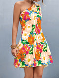 Momentlover Split-Joint Flower Print Short Sleeves Bishop Sleeve One-Shoulder Mini Dresses