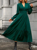 Momentlover Solid Color Pleated Elasticity Loose Long Sleeves V-Neck Midi Dresses