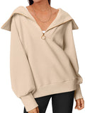 Momentlover Zipper Solid Color Loose Long Sleeves V-Neck Sweatshirt Tops
