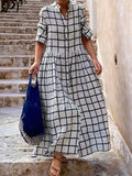 Momentlover Long Sleeves Loose Buttoned Plaid Split-Joint Stand Collar Maxi Dresses