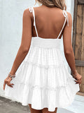 Momentlover A-Line High Waisted Backless Jacquard Solid Color Split-Joint Tied U-Neck Mini Dresses Slip Dress