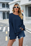 Momentlover Round Neck Dropped Shoulder Slit Sweater