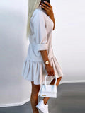 Momentlover Split-Joint Solid Color Pleated Buttoned Loose Long Sleeves Lapel Shirt Dress Mini Dresses