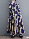 Momentlover Split-Joint Polka-Dot Pleated Buttoned Loose Long Sleeves Stand Collar Shirt Dress Maxi Dresses