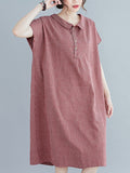 Momentlover Artistic Retro Loose Plaid Buttoned Lapel Collar Midi Dress
