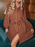 Long Sleeves Puff Sleeves Buttoned Drawstring Solid Color Lapel Mini Dresses Shirt Dress